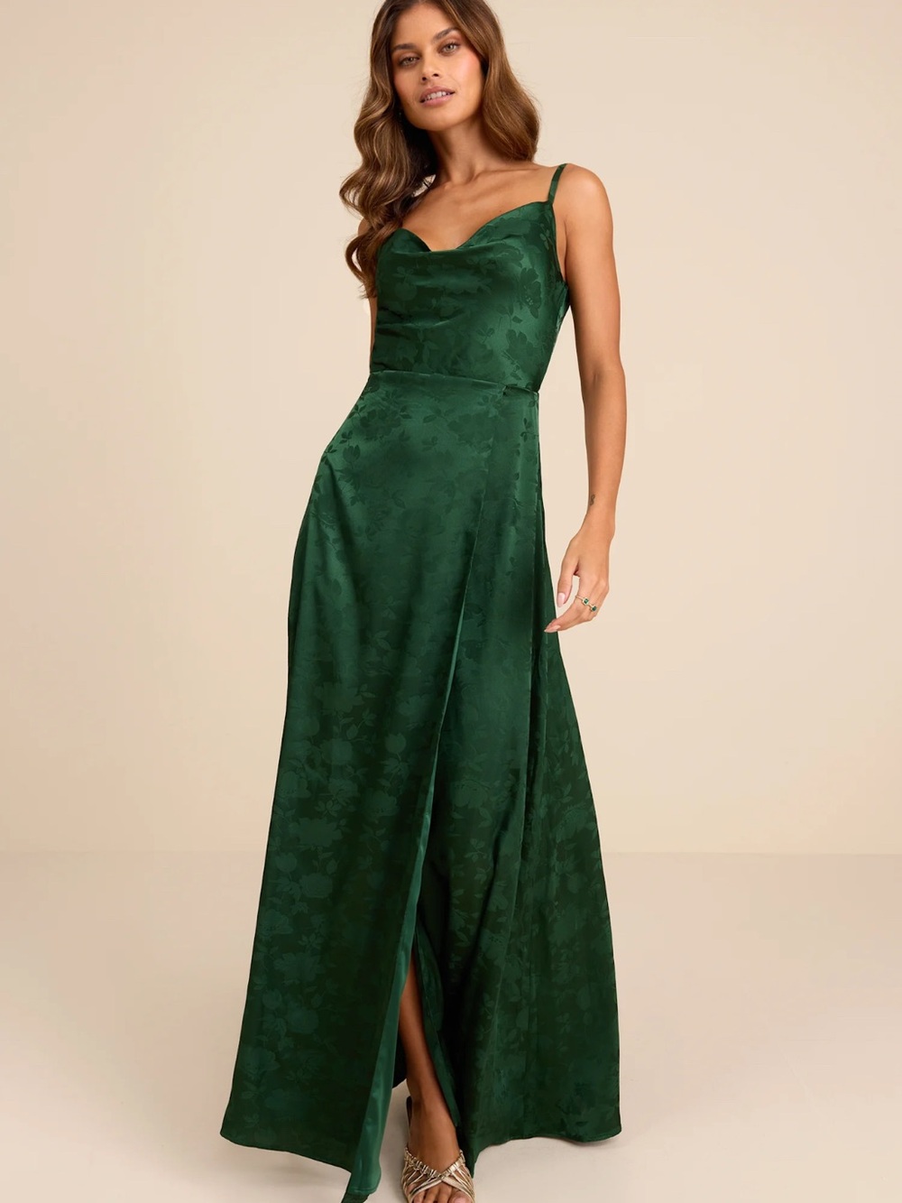 Dark Green Satin Cowl Neck Prom Gown